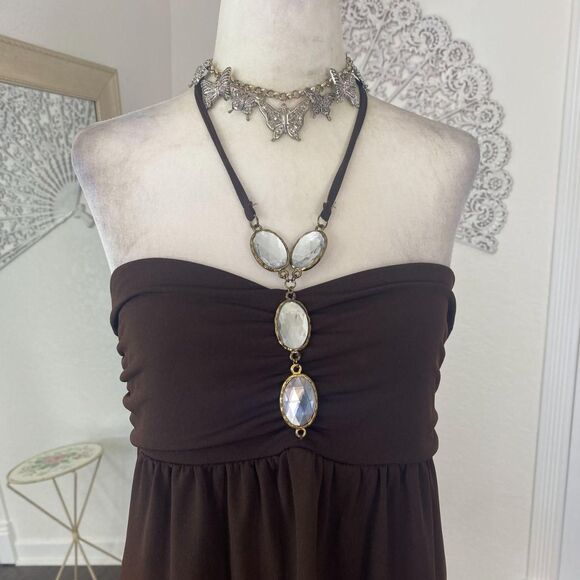 BCX Made in USA Early 2000's Dark Brown Cinched Babydoll Rhinestone Halter Top L - Picture 3 of 8